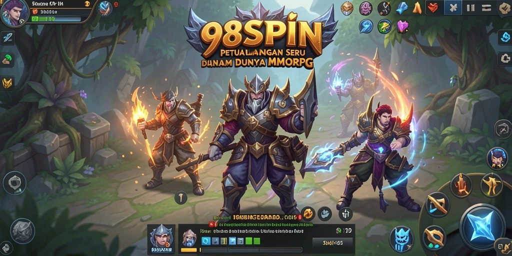 Screenshot gameplay 98SPIN menampilkan pertarungan epik dalam dunia fantasi.