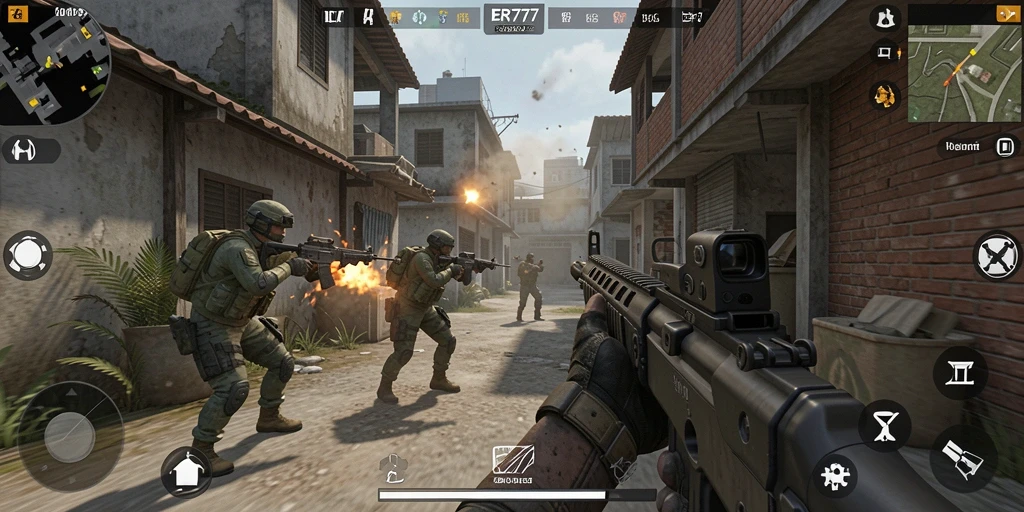 Tangkapan layar gameplay ER777, memperlihatkan aksi tembak-menembak yang seru.