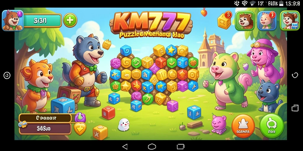 Screenshot KM777 menampilkan gameplay Match-3 yang menarik dan penuh warna.