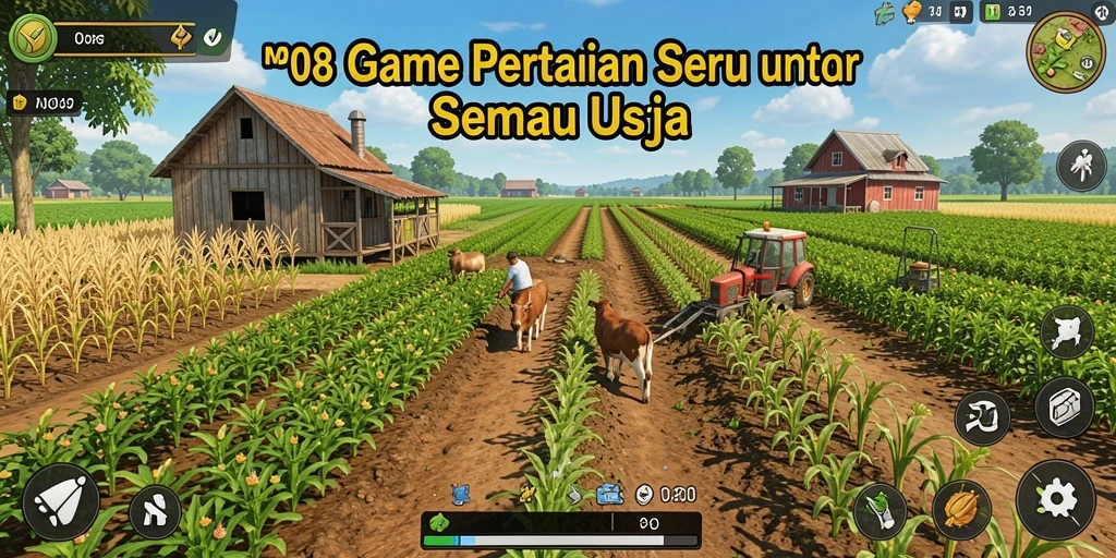 Screenshot MPO08 menampilkan gameplay pertanian yang penuh warna.