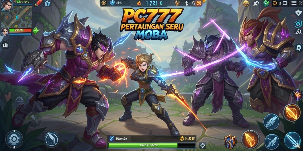 Screenshot gameplay PC777 menampilkan aksi seru pertarungan tim MOBA.